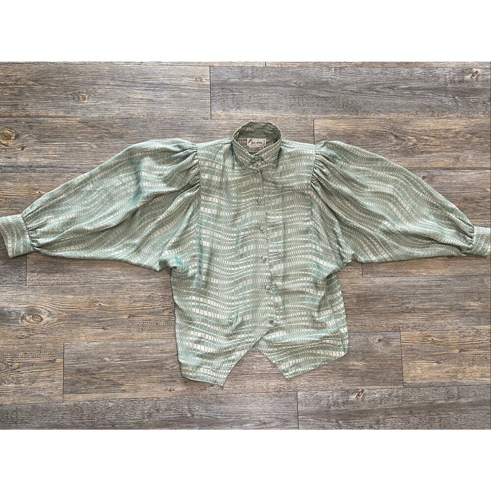 VTG Jac Dale SZ 6/36 Medium Mint Green Blouse Hong Kong Dolman Geometric 1980’s